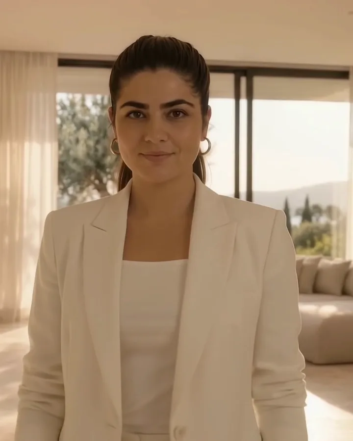 Neisy Reaño, con chaqueta blanca, en un salón luminoso.